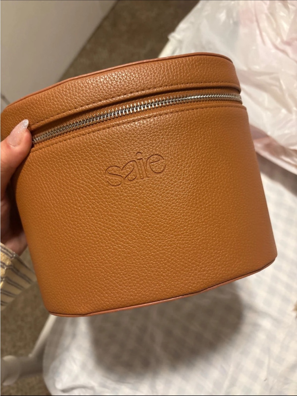 Saie Tan Pebbled Leather Cosmetic Case with Zipper